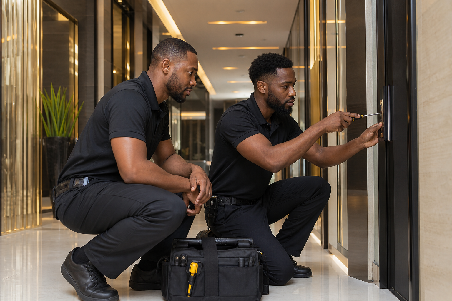 Black maintenance professionals repairing a luxury facility fixture