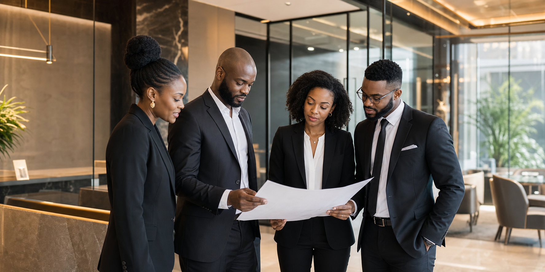 Black professionals reviewing service plans in a luxury office
